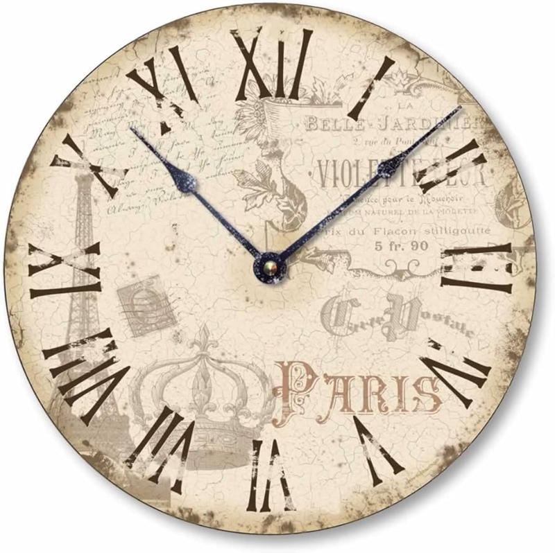 Wall Clock Eiffel Tower Motif Crackle Texture Roman Numerals Vintage