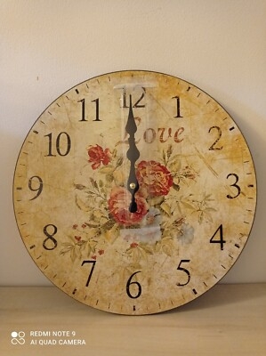 Wall Clock Floral Illustration Parchment Look French Farmhouse Decor