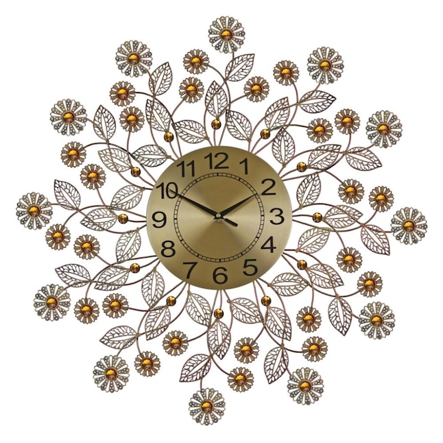 Wall Clock Floral Motif Amber Crystal Accents Brushed Gold