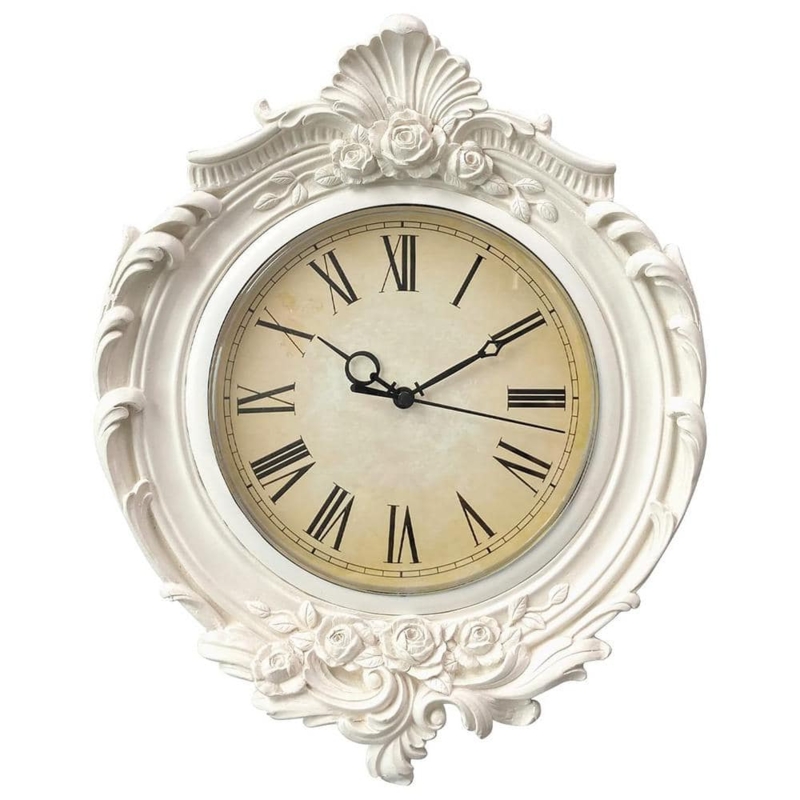 Wall Clock Floral Scrollwork Shell Crest Roman Numerals Baroque Style