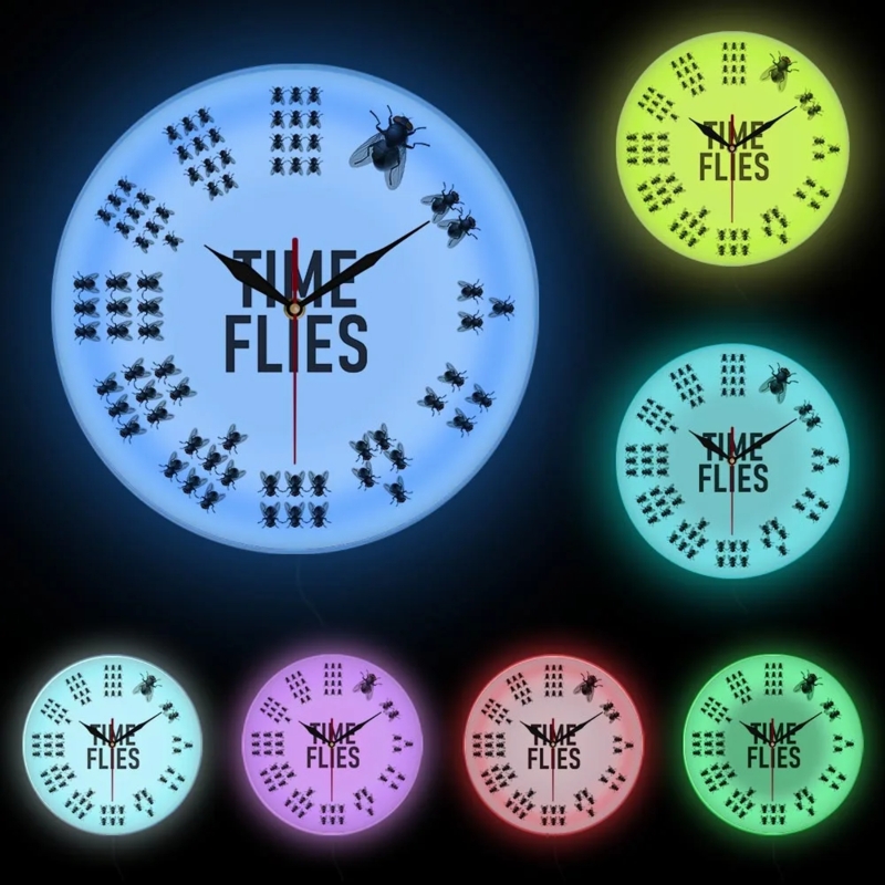 Wall Clock Fly Hour Markers Time Flies Pun Luminous Glow