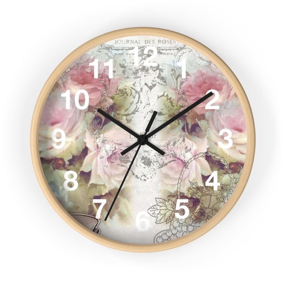 Wall Clock French Script Botanical Rose Motif Light Wood Frame