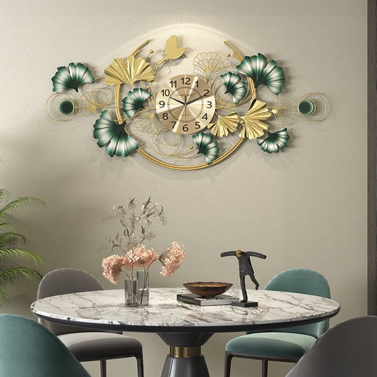 Wall Clock Ginkgo Leaf Design Horizontal Emerald Gold Glam