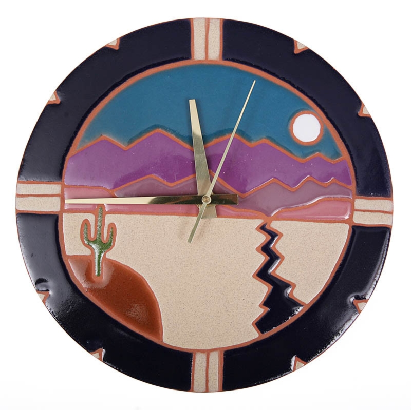 Wall Clock: Glossy Ceramic-Like Mountain Landscape, Saguaro Motif