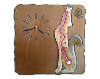 Wall Clock: Howling Coyote Silhouette, Sunset Swirl Metal Finish