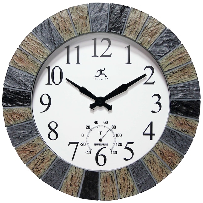 Wall Clock Integrated Thermometer Radial Slate Border Faux Stone