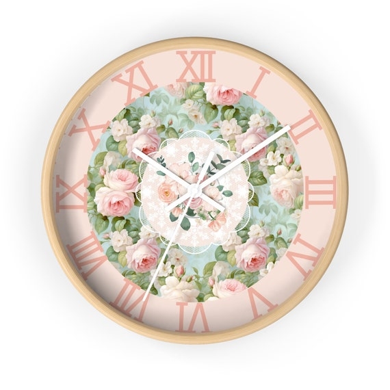 Wall Clock Lace Overlay Graphic Pink Roman Numerals Rose Motif