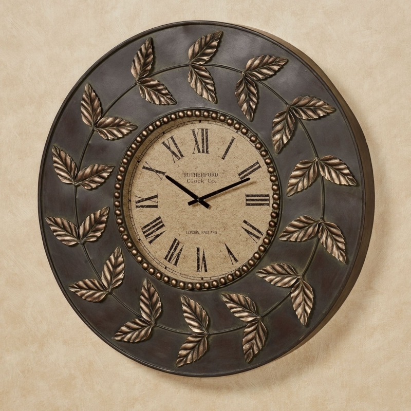 Wall Clock Leaf Wreath Motif Dark Bronze Antique Gold Border