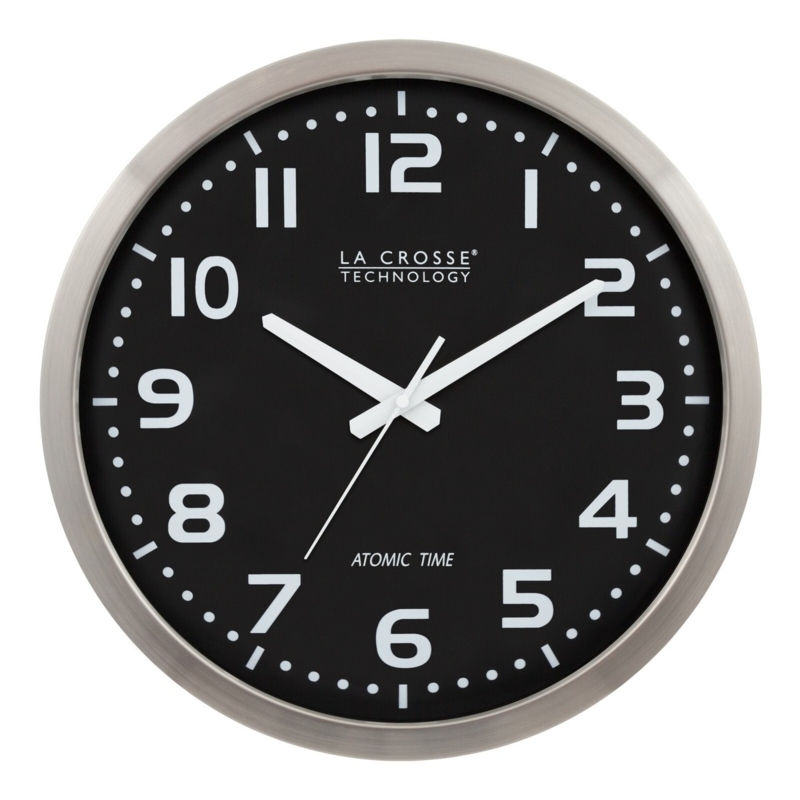 Wall Clock Matte Black Dial Dotted Minute Track Atomic Time Industrial