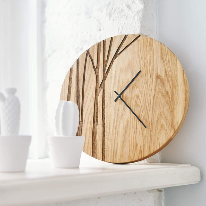 Wall Clock Natural Oak Engraved Tree Silhouette Minimalist Hands