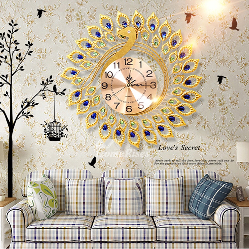 Wall Clock Peacock Motif Jeweled Accents Sunburst Metal Glam