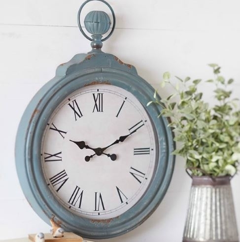 Wall Clock Pocket Watch Silhouette Distressed Dusty Blue Finish