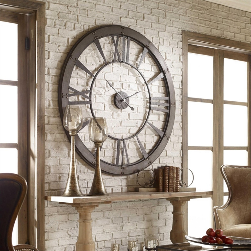 Wall Clock Riveted Frame Open Face Dark Bronze Industrial