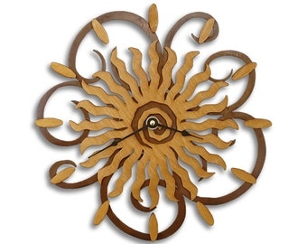 Wall Clock: Rusted Steel Scroll with Wavy Rays and Spiral Center