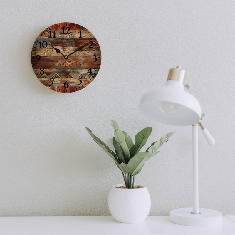 Wall Clock: Rustic Red Tribal Pattern, Wood Toned Boho Office Decor