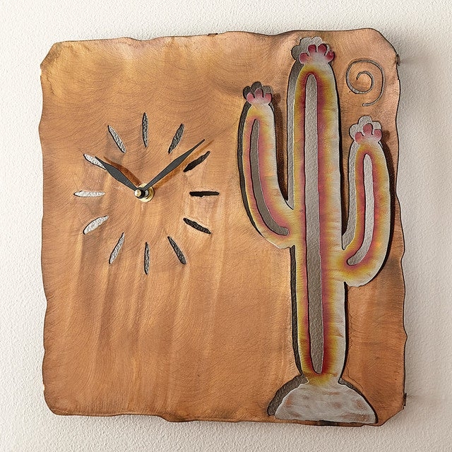 Wall Clock: Saguaro Cactus Motif, Torched Metal Finish Irregular Border