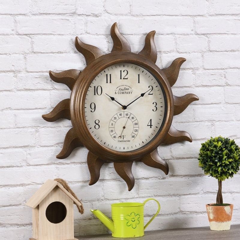 Wall Clock: Sunburst Thermometer Dial, Antique Bronze Outdoor Decor