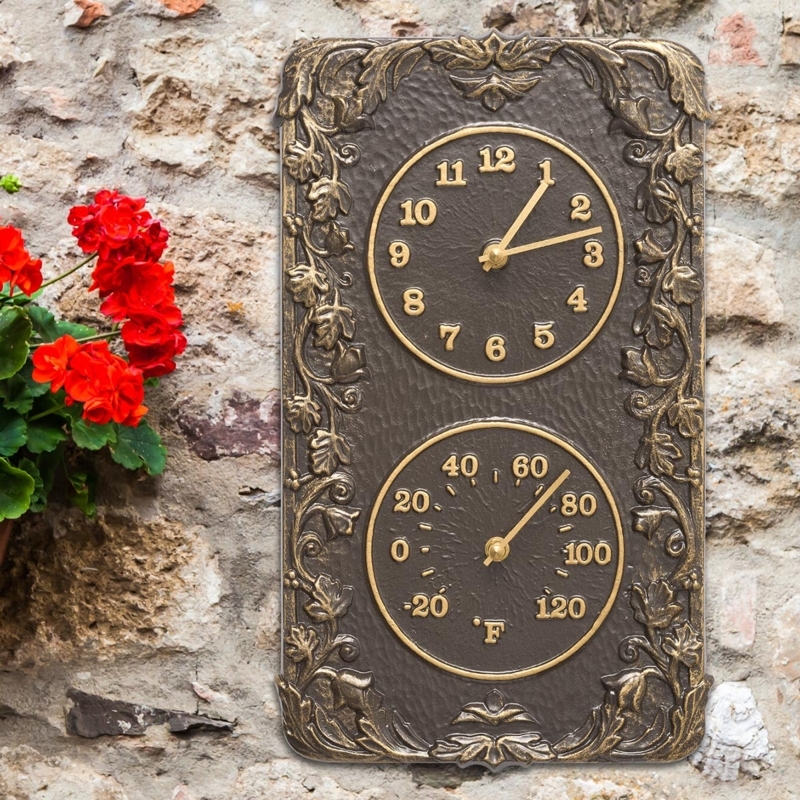 Wall Clock Thermometer Climbing Ivy Relief Dual Dial Bronze