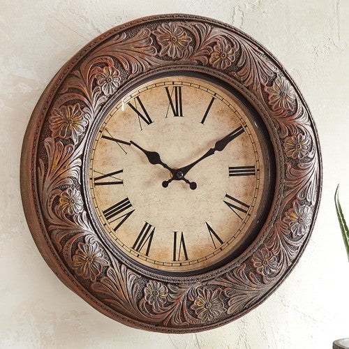 Wall Clock: Tooled Leather Look Floral Carving, Aged Parchment Dial