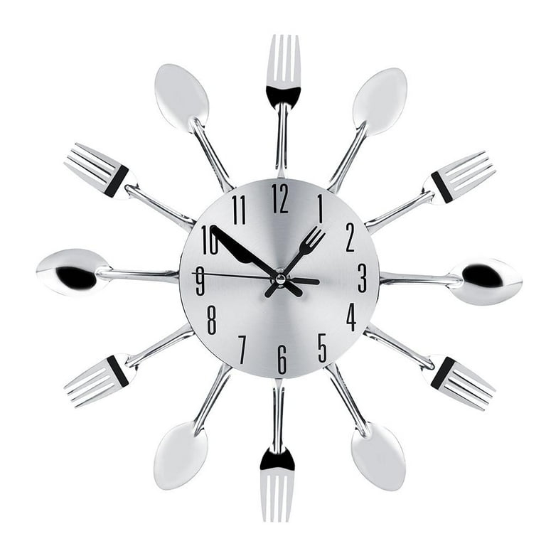 Wall Clock Utensil Hour Markers Fork Hand Whimsical Culinary Timepiece