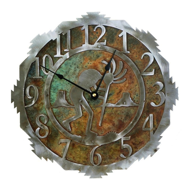 Wall Clock: Verdigris Patina Kokopelli Motif, Serrated Metal Border