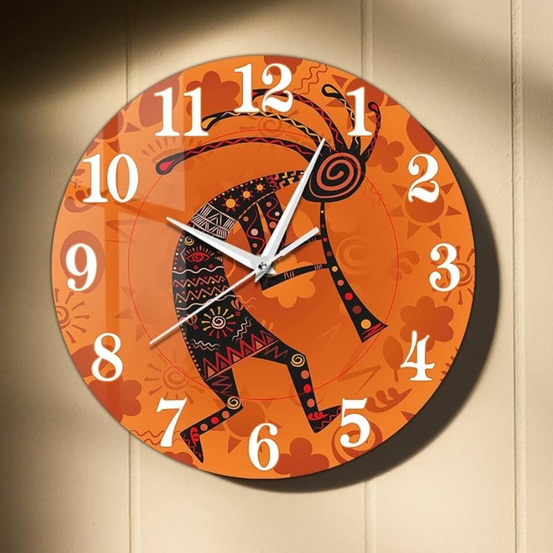 Wall Clock: Vibrant Terracotta Kokopelli Graphic, Tribal Desert Decor