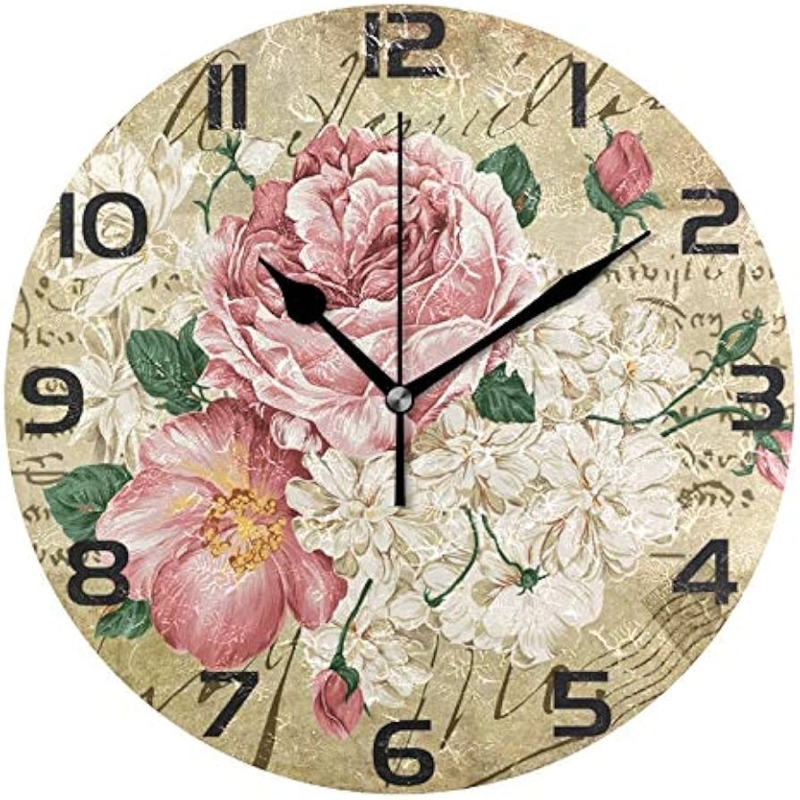 Wall Clock Vintage Rose Cursive Script Background French Country
