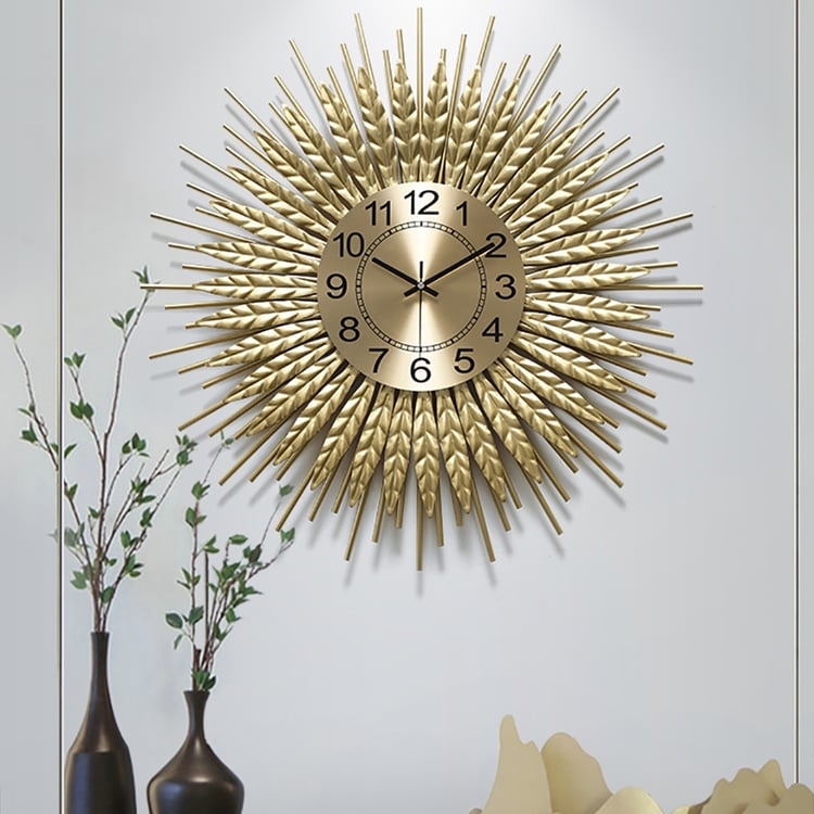 Wall Clock Wheat Leaf Accents Sunburst Design Champagne Gold