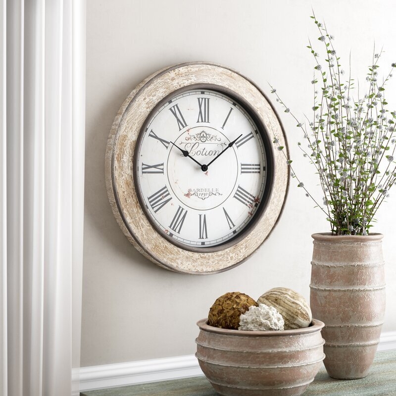 Wall Clock Wide Frame Distressed Whitewash Rustic Farmhouse