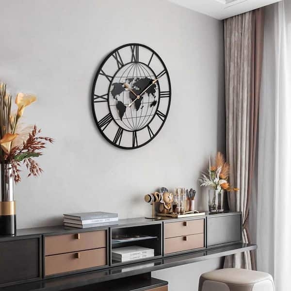 Wall Clock World Map Design Matte Black Gold Pointers 36 Inch