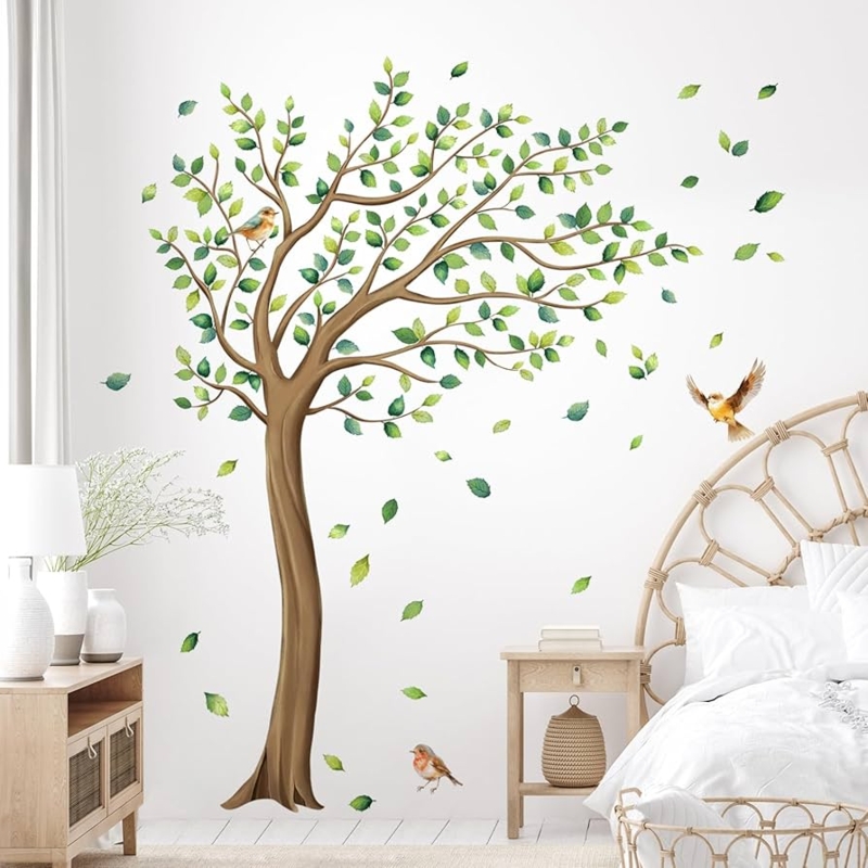 Wall Decal Botanical Mural Sage Green Falling Leaves & Birds