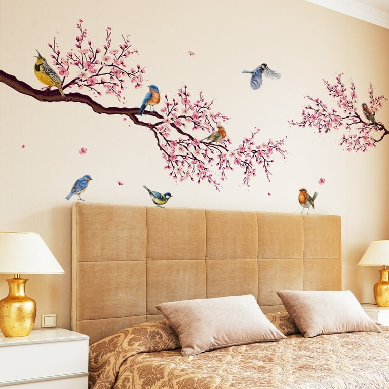 Wall Decal Floral Branch Mural Peach Blossoms Bird Accents, Large Scale