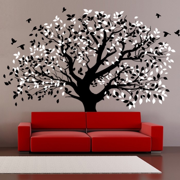 Wall Decal Large Scale Tree Silhouette Motif Bicolored Leaves