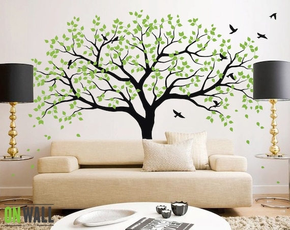 Wall Decal Large Tree Silhouette Mural, Botanical Motif With Birds
