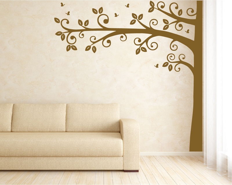 Wall Decal Tall Half Tree Silhouette Curly Branches & Butterflies