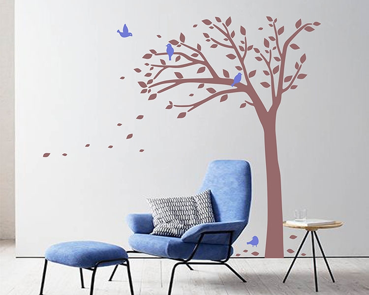 Wall Decal Tall Tree Graphic Mauve Silhouette Cornflower Blue Birds