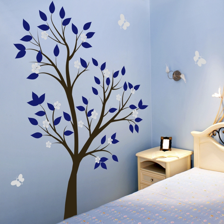 Wall Decal Tree Motif White Blossoms Navy Blue Leaves, Nature Inspired