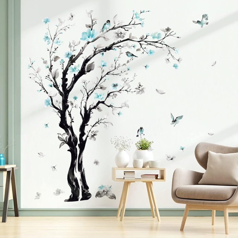 Wall Decal Watercolor Tree Graphic Teal Floral Accents & Birds