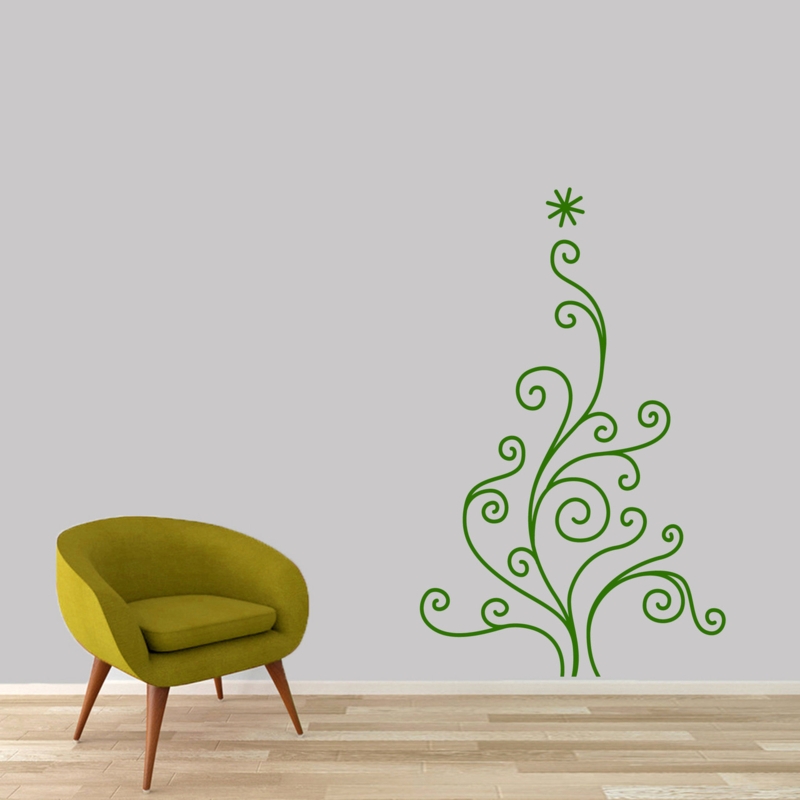 Wall Decal Whimsical Christmas Tree, Swirly Branches Star Topper