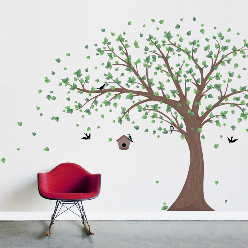 Wall Decal Windy Tree With Hanging Birdhouse, Whimsical Nature
