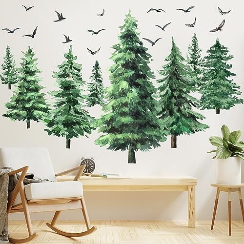 Wall Decals Watercolor Pine Trees Forest Wall Mural, Peel And Stick