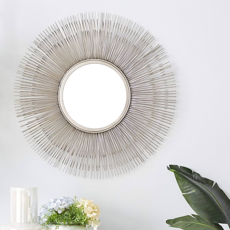 Wall Mirror Layered Metal Rods in Geometric Starburst Design