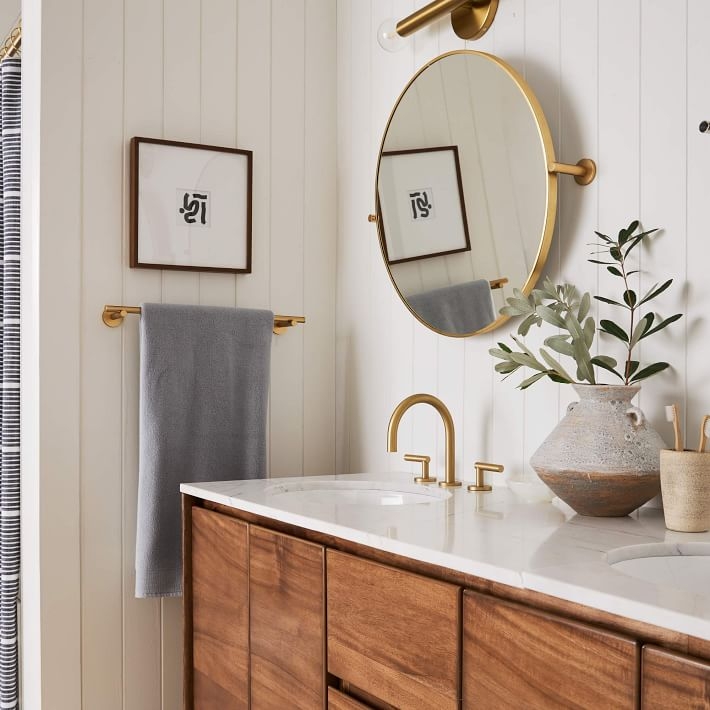 Wall Mirror, Pivot Mount Brushed Brass Frame Mid-Century Vanity