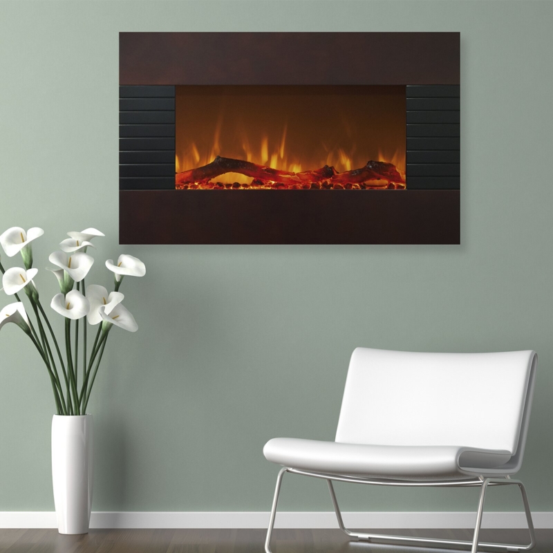 Wall Mount Electric Fireplace Slatted Side Panels Dark Wood Tone