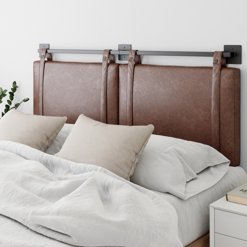 Wall Mount Headboard Vintage Brown Straps Matte Black Rail