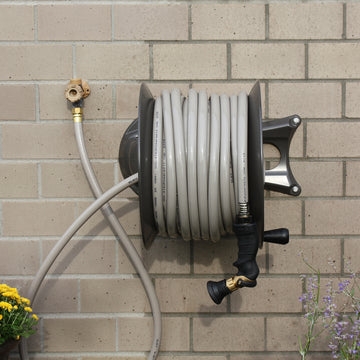 Wall Mount Hose Reel Matte Grey Finish Utilitarian Design Hand Crank
