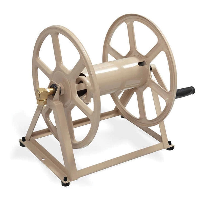 Wall Mount Hose Reel Tan Warm Beige Brass Swivel Inlet Spoked Wheels