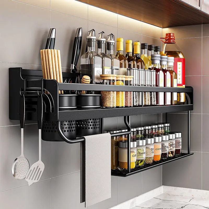 Wall Mount Spice Rack Matte Black Industrial Integrated Knife Block