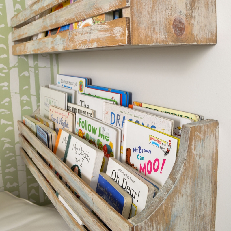 Wall Mounted Bookshelf Rustic Distressed Whitewash with Exposed Knots.