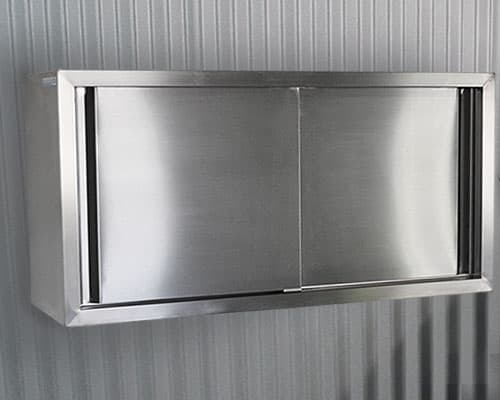 Wall Mounted Cabinet with Beveled Frame and Recessed Sliding Door Handles